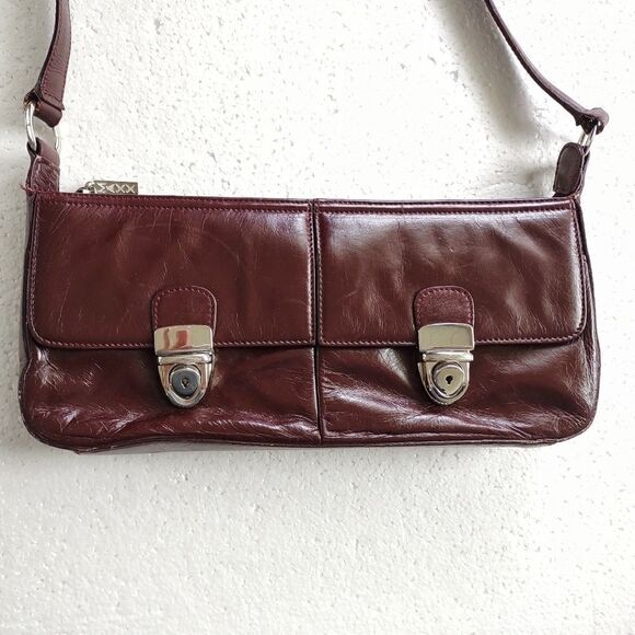 MAXX Brown Shiny Leather Bag w 2 Outer Buckle Pockets‎ - Picture 1 of 6